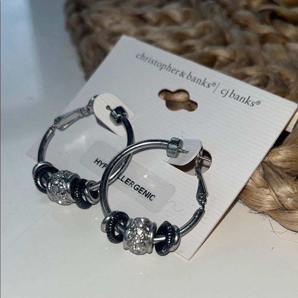 Christopher & Banks Silver & Gemstone Beaded Hoop Earrings, silver, boho, indie